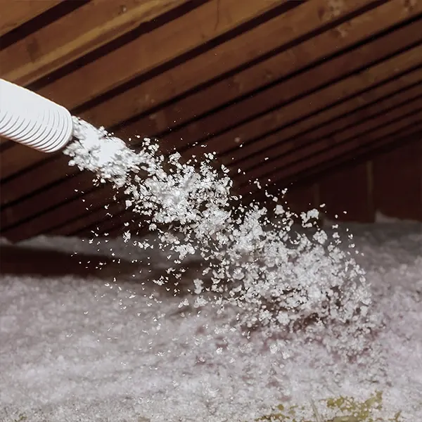 Blown-in cellulose insulation being installed in an attic